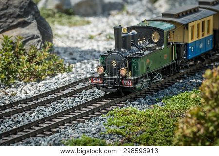 Railway Modelling Train Outdoors On A Sunny Day, Steam Engine Train