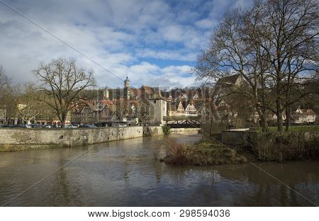 Halle Glober Theatre, Bridge And River Kocher, Schwabisch Hall, Baden Wurttemberg, Germany - Decembe