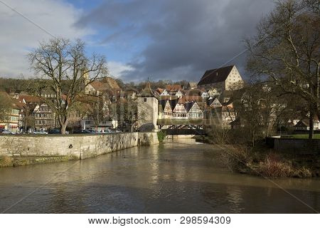 Bridge And River Kocher, Schwabisch Hall, Baden-wurttemberg, Germany - December 2013