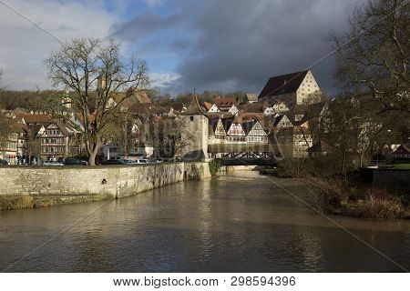 Bridge And River Kocher, Schwabisch Hall, Baden Wurttemberg, Germany - December 2013