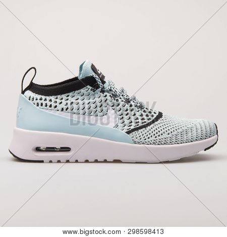 Vienna, Austria - August 23, 2017: Nike Air Max Thea Ultra Flyknit Glacier Blue Sneaker On White Bac