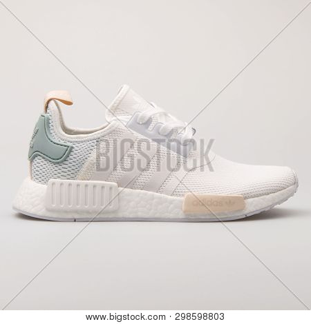 Vienna, Austria - August 23, 2017: Adidas Nmd R1 White Sneaker On White Background.