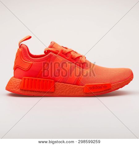 Vienna, Austria - August 23, 2017: Adidas Nmd R1 Solar Red Sneaker On White Background.