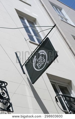 A Body Shop Sign On The High Street In The Town Of St Pierre Port (st Peter Port), The Main Settleme