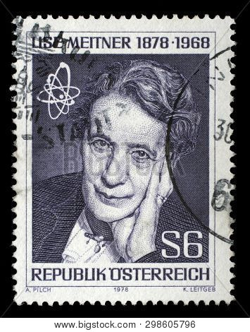 ZAGREB, CROATIA - SEPTEMBER 09, 2014: A stamp issued in the Austria shows Lise Meitner(1878-1968) atomic physicist, the 100th Anniversary of the Birth, circa 1978.