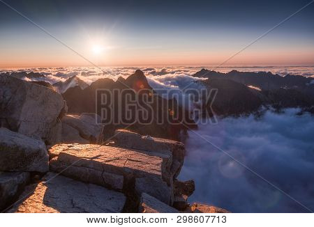 Mountains Landscape With Inversion In The Valley At Sunset As Seen From Rysy Peak In High Tatras, Sl