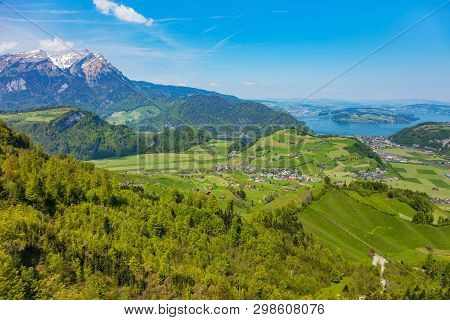 View From The Open Deck Of A Gondola Of An Overhead Cable Car On Mt. Stanserhorn In The Swiss Canton