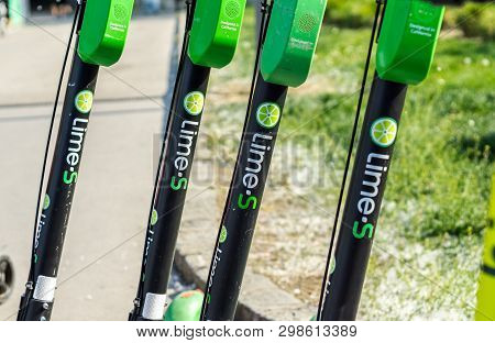 Vienna Austria April.26 2019, Lime Scooters Lined Up At The Lime Hub On The Sidewalk In Vienna