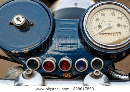 Dashboard Of A Russsian Vintage Blue Scooter Or Moped
