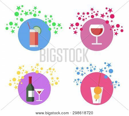 Beverages, Cocktails, Vector Llustrations Set. Alcohol Bar Menu. Cocktail, Wine, Lemonade Glasses An