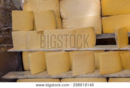 Cuts Of Kashkaval Or Kasseri  Cheese For Sale On The Shelf