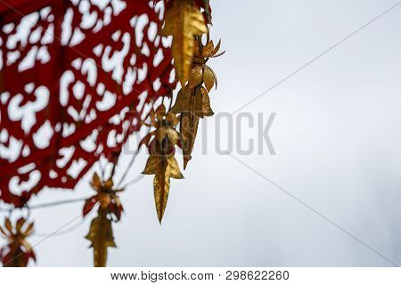 Close Up Vintage Red Gold Tranditional Thail Shading (like An Umbella) Decorated With Gold Mobile Ar