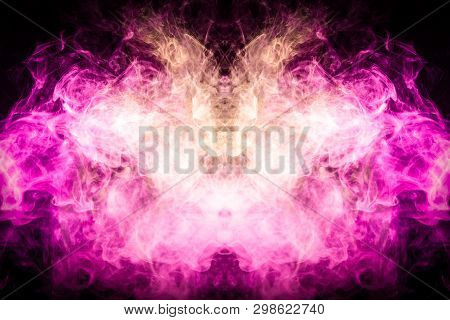 Mocap For Cool T-shirts. Thick Colorful Yellow And Pink Smoke  In The Form Of A Monster On A Black I