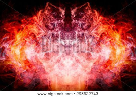 Thick Colorful Smoke Of  Red And Blue In The Form Of A Skull, Monster, Dragon On A Black Isolated Ba