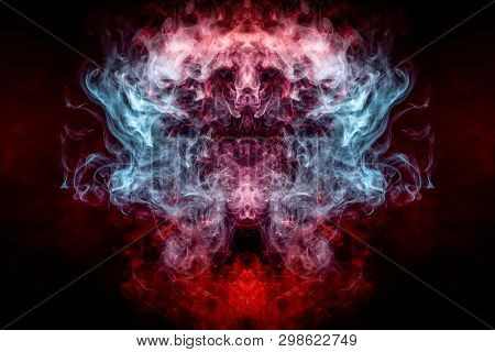 Mocap For Cool T-shirts. Thick Colorful Red And Blue Smoke  In The Form Of A Monster On A Black Isol