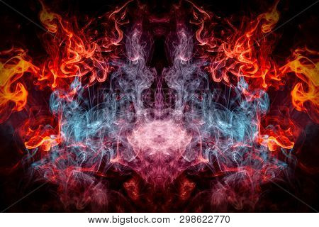 Dense Multicolored Smoke Of   Blue And Red Colors In The Form Of A Skull, Monster, Dragon On A Black