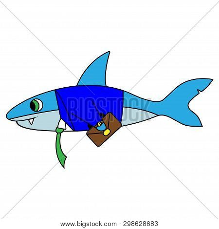 Blue Business Shark. Isolated Stock Cartoon Illustration