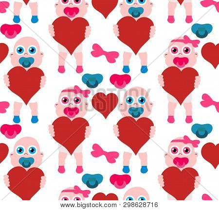 Baby Girl And Boy With Hearts For Mother S Day. Stock Seamless Pattern