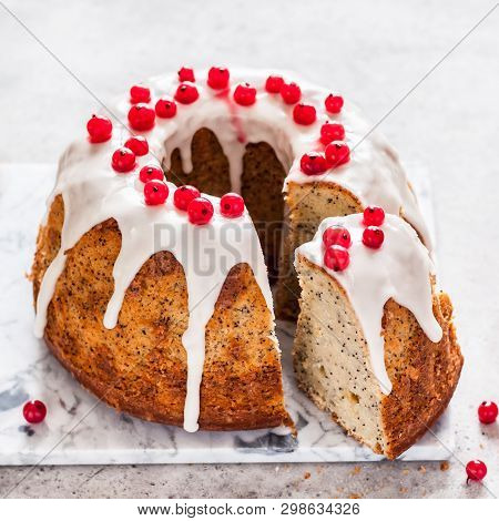 Sliced Lemon Poppy Seed Bundt Cake With Sugar Glaze And Redcurrant, Square