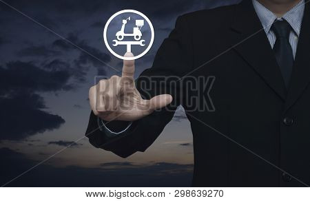 Businessman Pressing Service Fix Motorcycle With Wrench Tool Flat Icon Over Sunset Sky, Business Rep