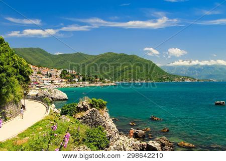 The Picturesque City Herceg Novi, Montenegro, In The Mountains, On The Shore Of Kotor. Scenic Summer