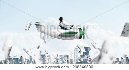 Analysing And Researching Creative Process Concept With Funny Pilot In Leather Helmet. Aviator Drivi