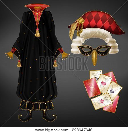 Joker Or Jester Costume Realistic Vector With Black Mantle Decorated Precious Stones, Face Mask, Cur