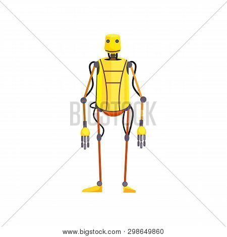 Humanoid Robot Cartoon Illustration. Yellow Cyborg With Cords Built To Resemble Human Body. Robotics