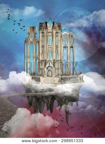 Fantasy Flying Palace Over The Clouds - 3d Illustration