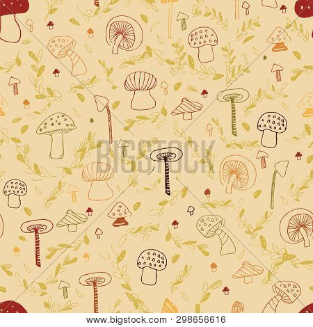 Woodland Mushroom Line Seamless Pattern. Perfect For Woodland Design