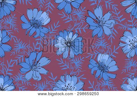 Art Floral Vector Seamless Pattern. Blue Frozen Succory (chicory) On Wine Background. Isolated Vecto