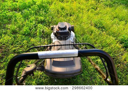 Lawn Mower On Green Grass. Cutting Green Spring Fresh Grass. View On Green Lawn On Sunset Light.