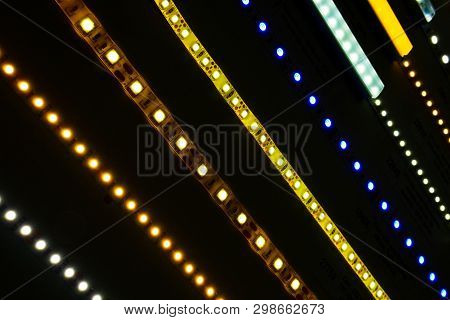 Panel With Led Strips Of Different Colors And Power. Demonstration Of Led Furniture Highlights.