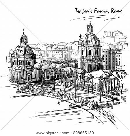 Forum Of The Emperor Trajan In Rome, Italy. Engraving Style Sketch. Vintage Design. Travel Sketchboo