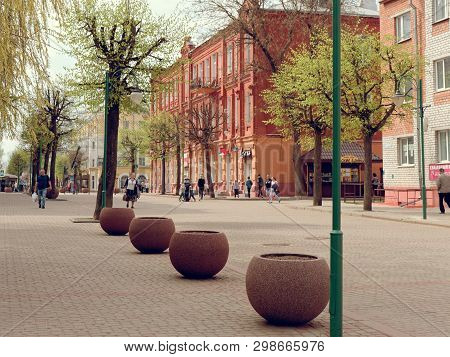 Mogilev, Belarus - April 27, 2019: Beautiful Buildings On The Pedestrian Street Of The City.