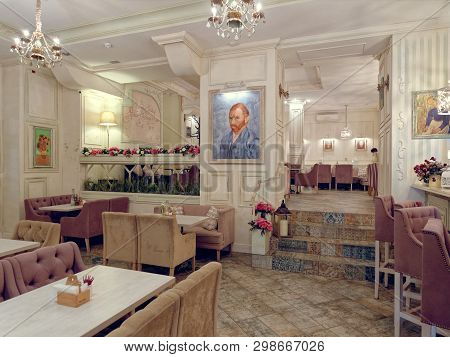 Mogilev, Belarus - April 27, 2019: Interior Of The Cafe Van Gog