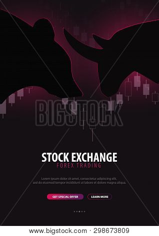 Forex. Stock Exchange Trading Banner. The Bulls And Bears Struggle. Vector Illustration.