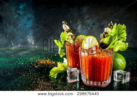 Spicy Bloody Mary Cocktail With Garnish . Homemade Texmex Styled Alcohol Drink,