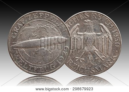 Germany German Silver Coin 5 Five Mark Zeppelin Weimar Republic