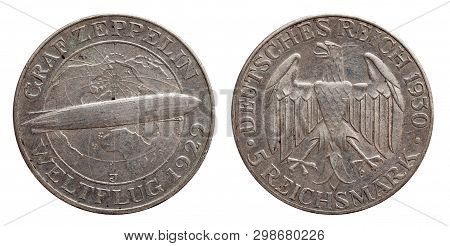 Germany German Silver Coin 5 Five Mark Zeppelin Weimar Republic