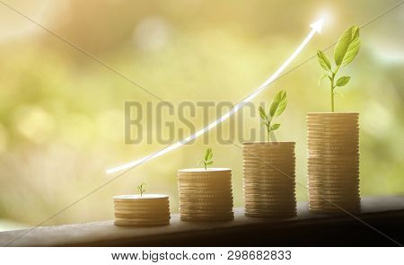 Business Graph With Arrow Up. Growing Money Coins Stack. Business Success Concept.