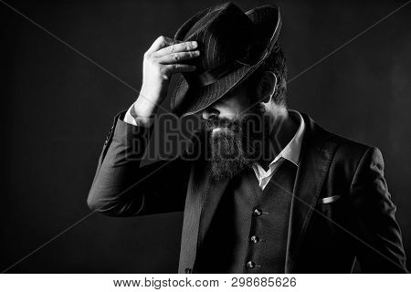 Englishman Club. Detective In Hat. Mature Hipster With Beard. Brutal Caucasian Hipster Has Moustache