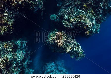 Underwater View With Rocks And Corals In Blue Ocean. Menjangan Island, Bali
