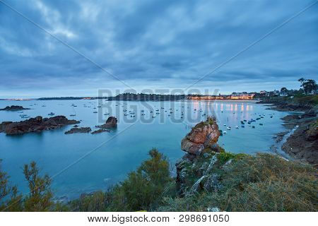 Saint-lunaire Beach During Blue Hour, Brittany, Ille-et-vilaine,
