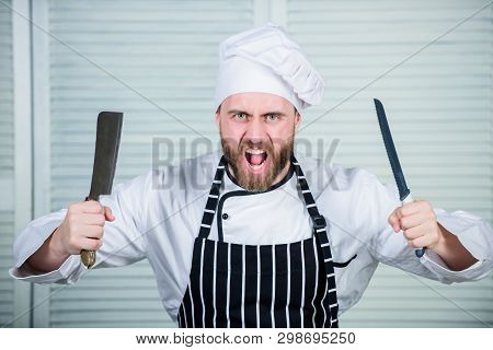 Chef Choose Professional Tools. Chef Hold Cleaver Knife Tool Ready To Chop Ingredients. Man Wear Apr