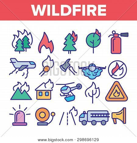 Wildfire, Bushfire Vector Icons Set. Wildfire, Natural Disaster Linear Illustrations. Forests, House