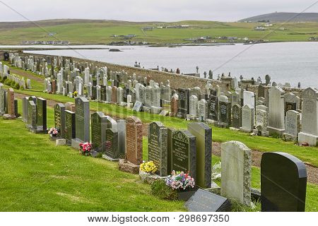 Graveyard On A Hill Facing North Sea In Lerwick At Shetland Islands, Scotland, Uk.