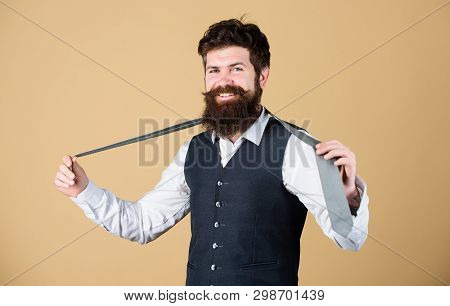 Perfect Tie. Fashionable Man. Bearded Man Holding Necktie. Brutal Guy Wearing Fashionable Classy Clo
