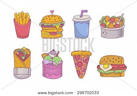 Colorful Fast Food Set. Fries, Burger, Doner Kebab And Pizza