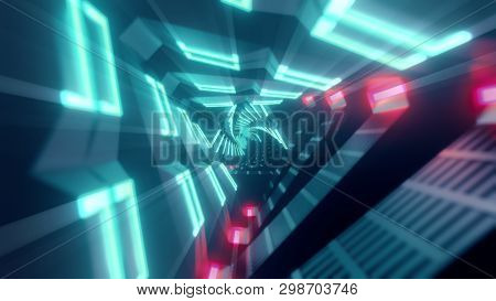 Flying Through Metallic Glowing Rotating Neon Triangles Creating A Tunnel, Colorful Spectrum, Fluore